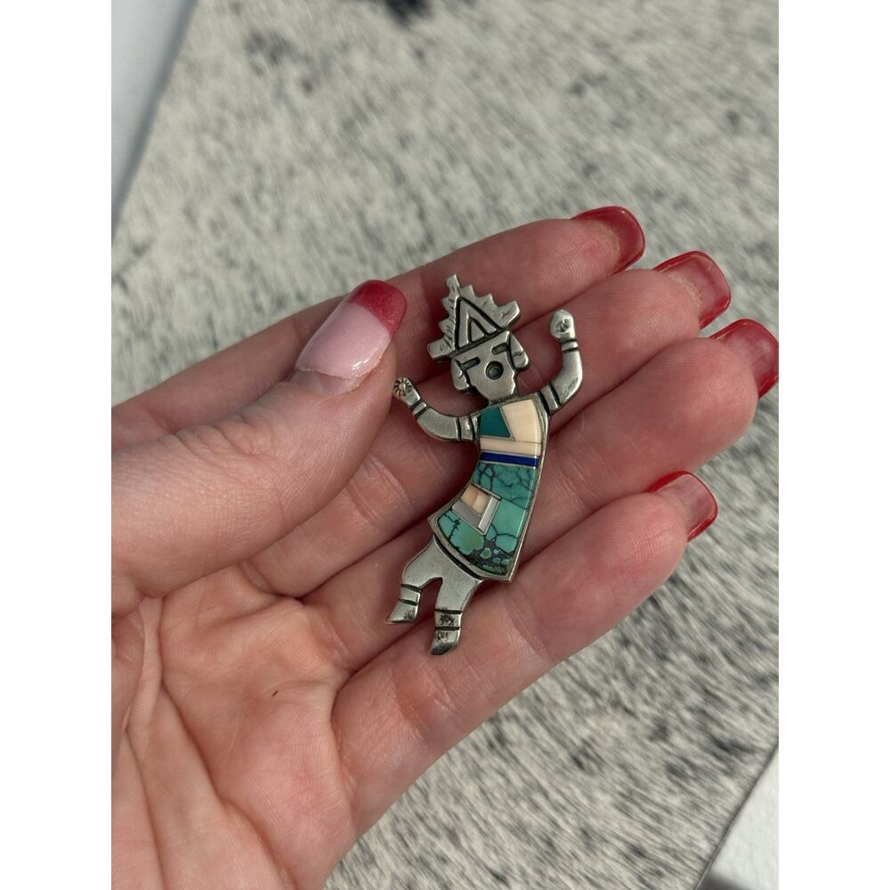 Vintage Native Sterling Silver Inlay Turquoise Coral Kachina Pin Pendant Signed